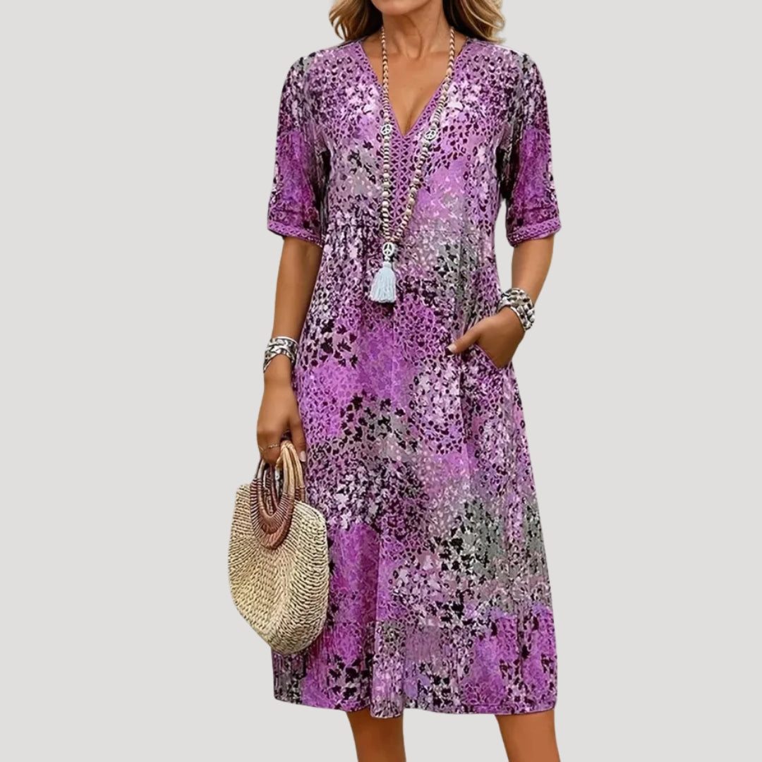 Women’s v neck printed short sleeve midi dress