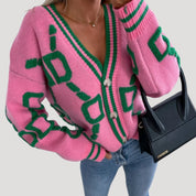 Women’s chunky knit oversized graphic button up cardigan
