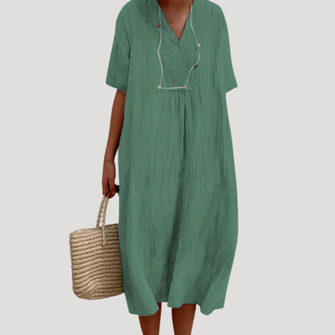 Women’s linen v neck short sleeve midi dress