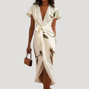 Women’s wrap floral midi dress with short sleeves