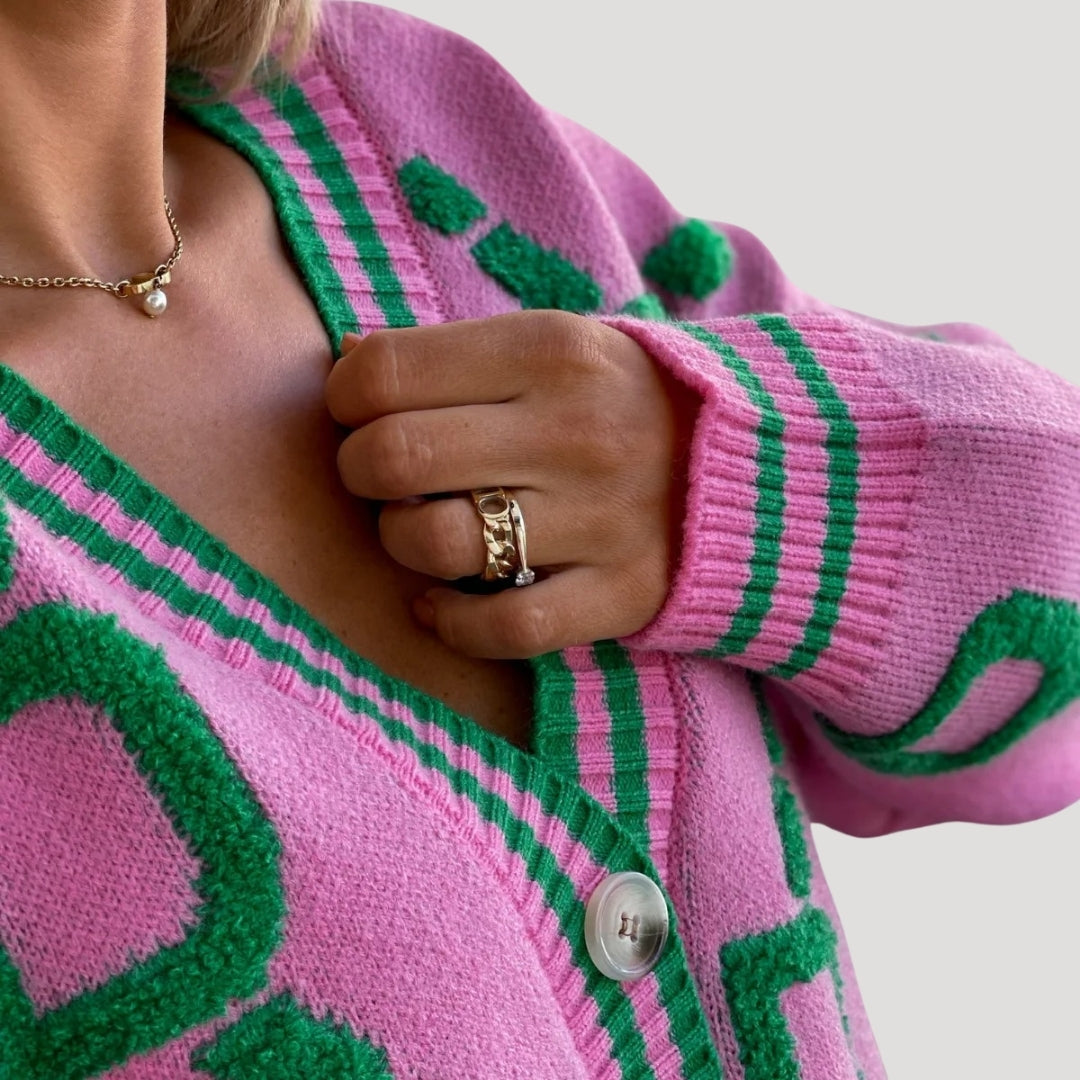 Women’s chunky knit oversized graphic button up cardigan