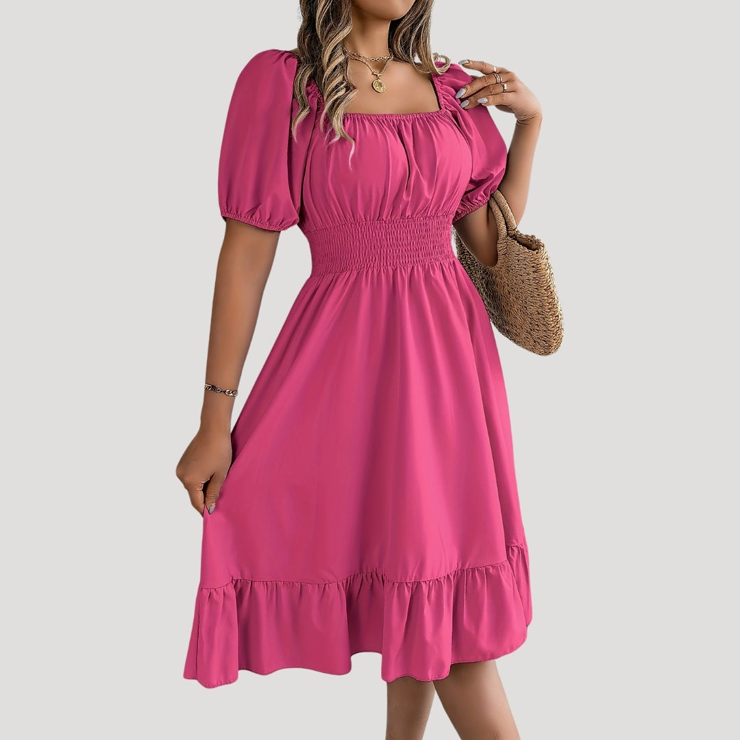 Smocked waist puff sleeve midi dress