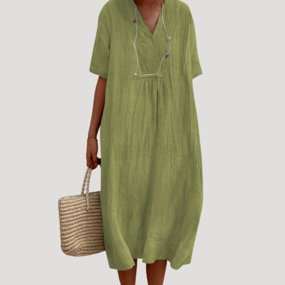 Women’s linen v neck short sleeve midi dress