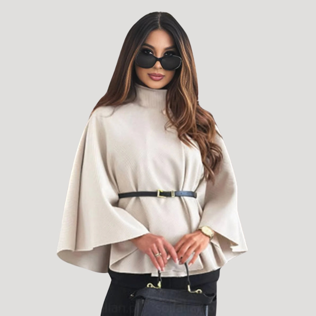 Women belted cape poncho coat