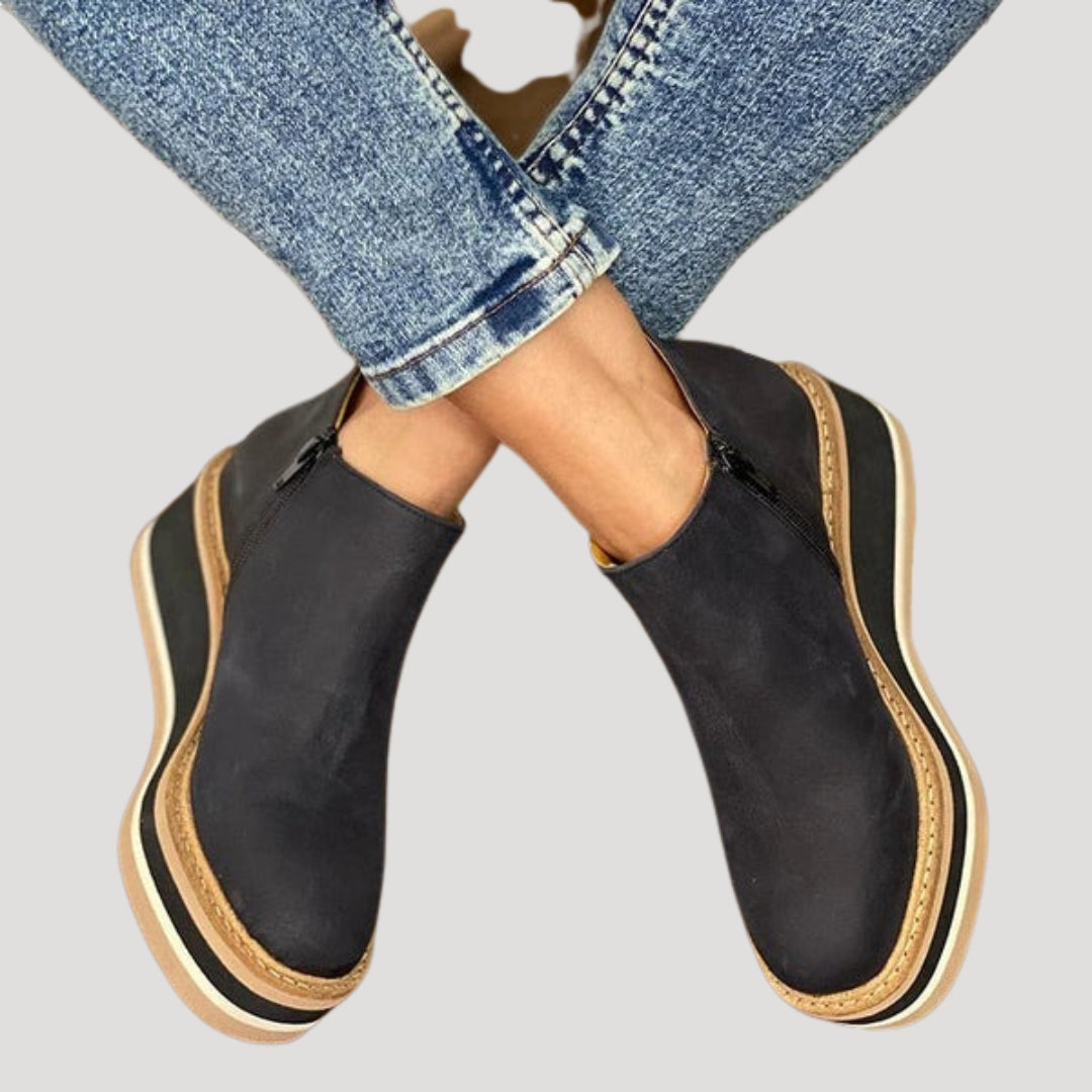Women leather wedge platform zip ankle boots