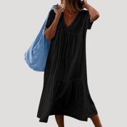 Women’s linen cotton v neck tiered midi dress