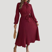 Women’s pleated long sleeve high neck midi dress