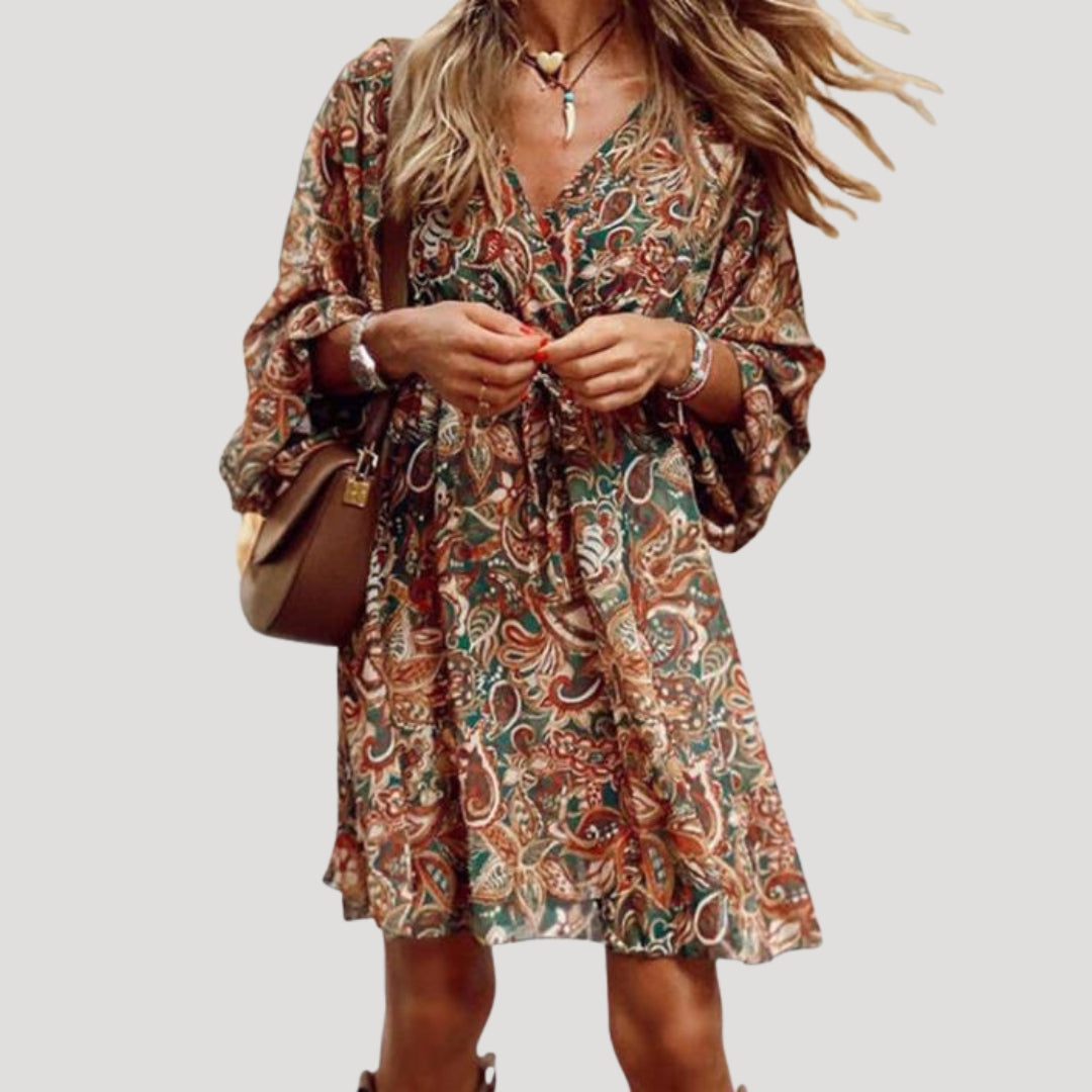 Women’s long sleeve v neck paisley mini dress