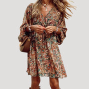 Women’s long sleeve v neck paisley mini dress