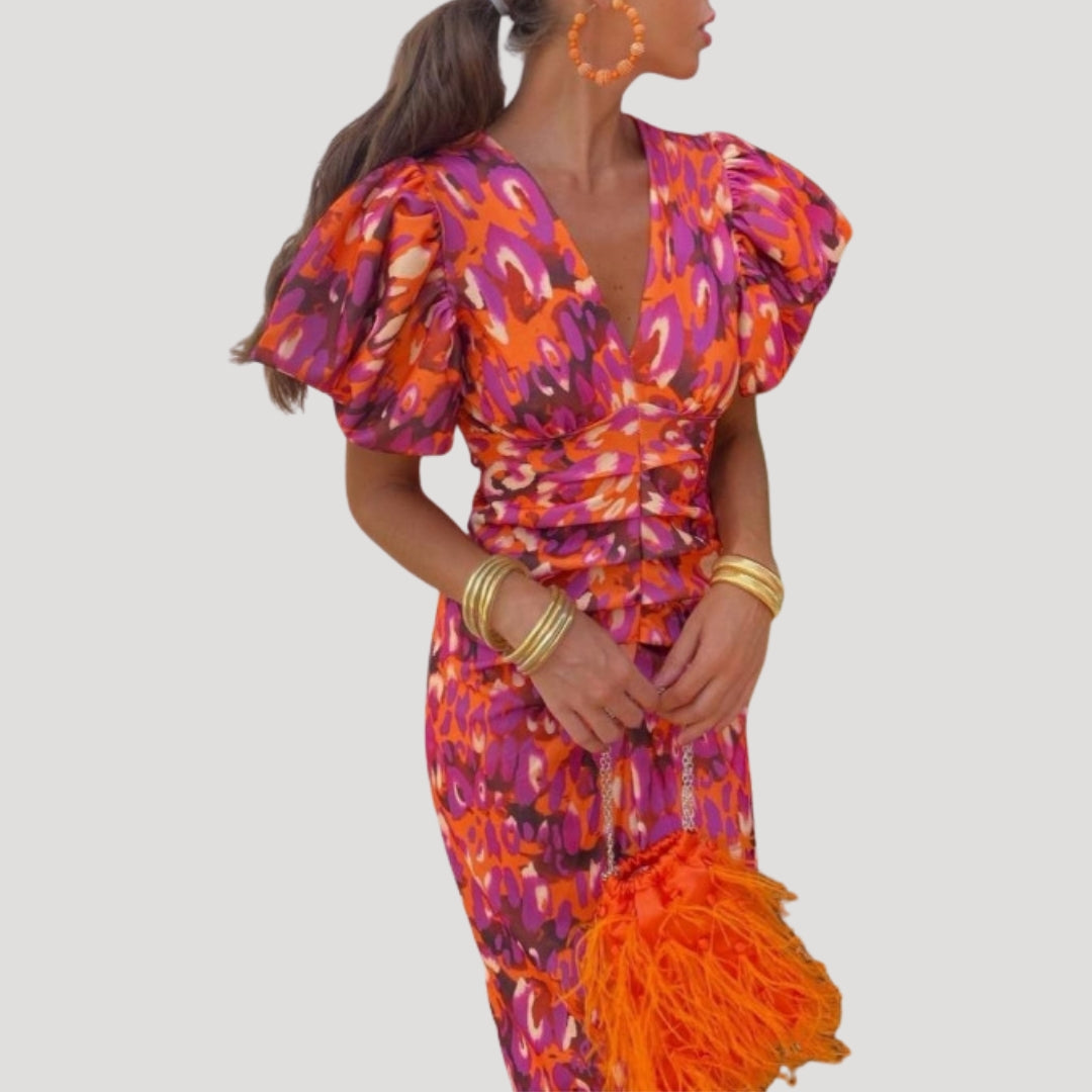 Women’s puff sleeve ruched v neck midi dress