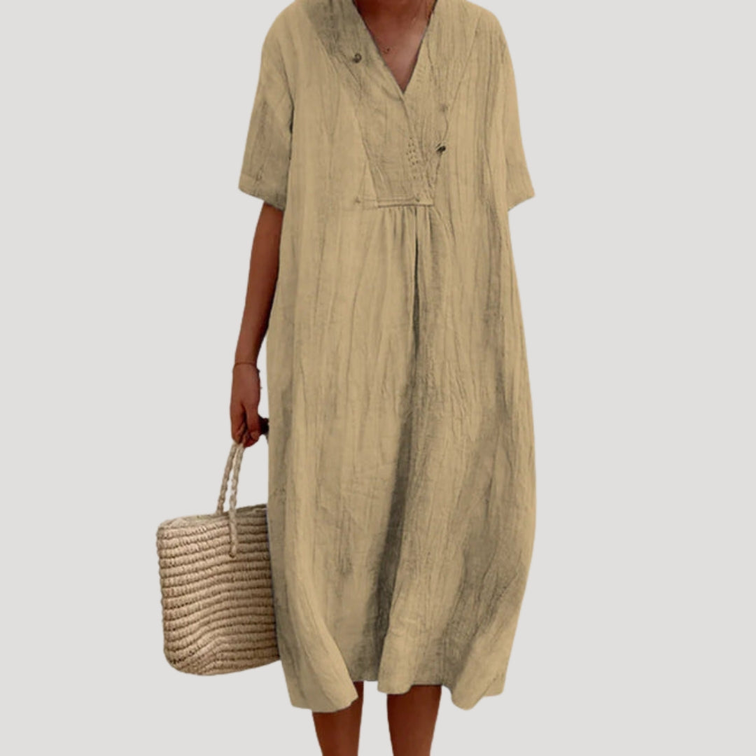 Women’s linen v neck short sleeve midi dress