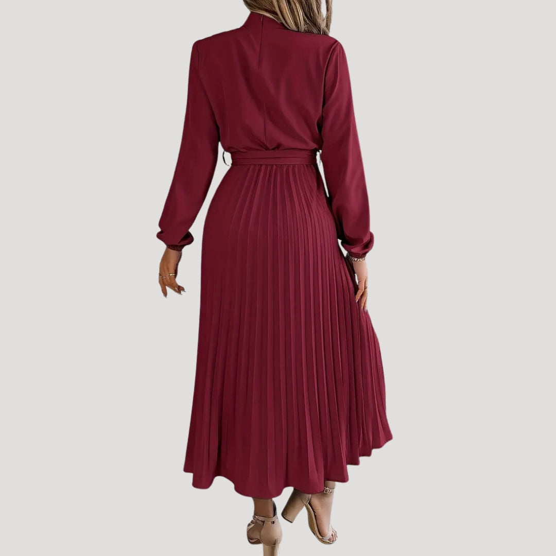 Women’s pleated long sleeve high neck midi dress