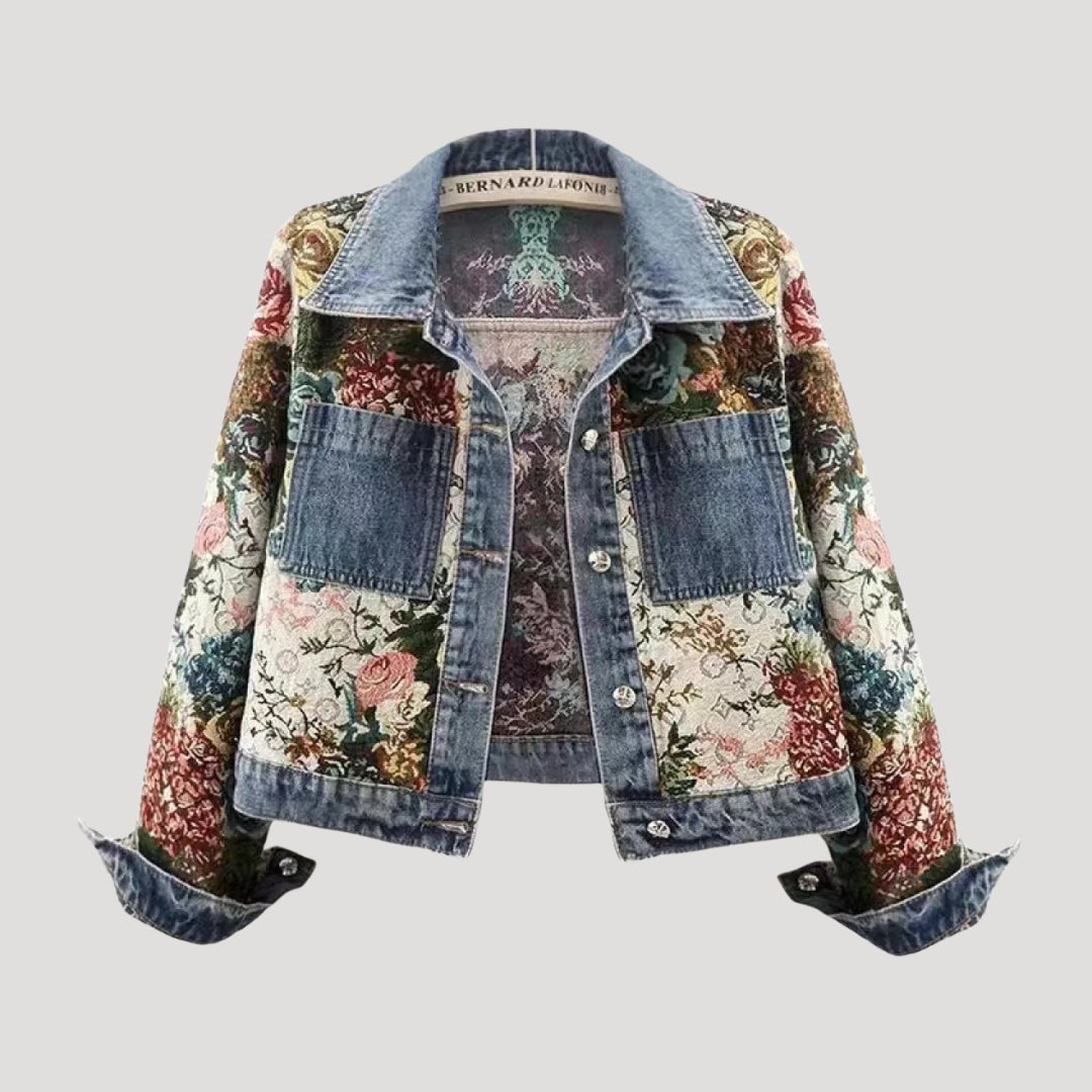 Women’s cropped patchwork floral denim jacket lightweight
