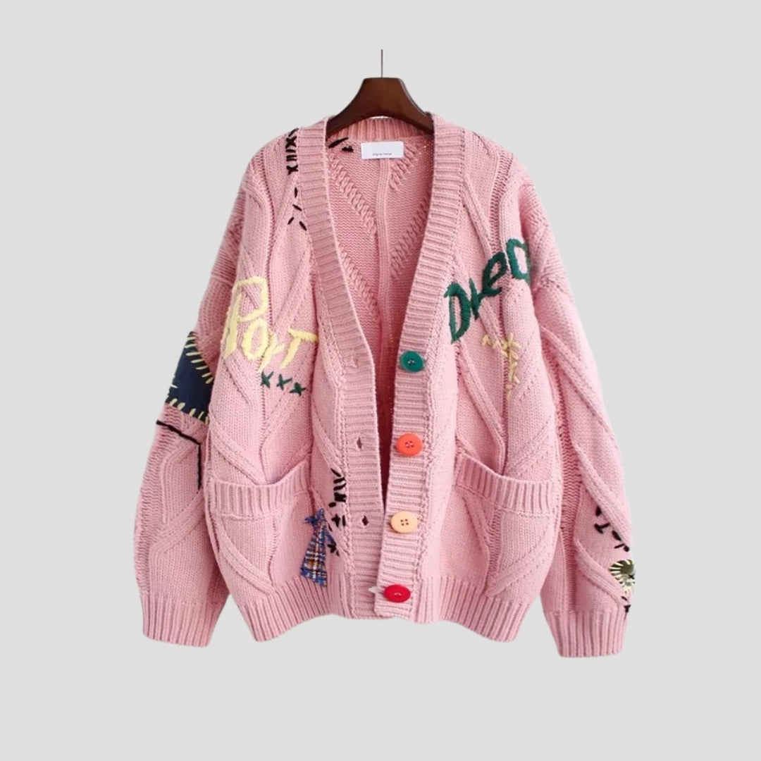 Women colorful embroidered knit cardigan