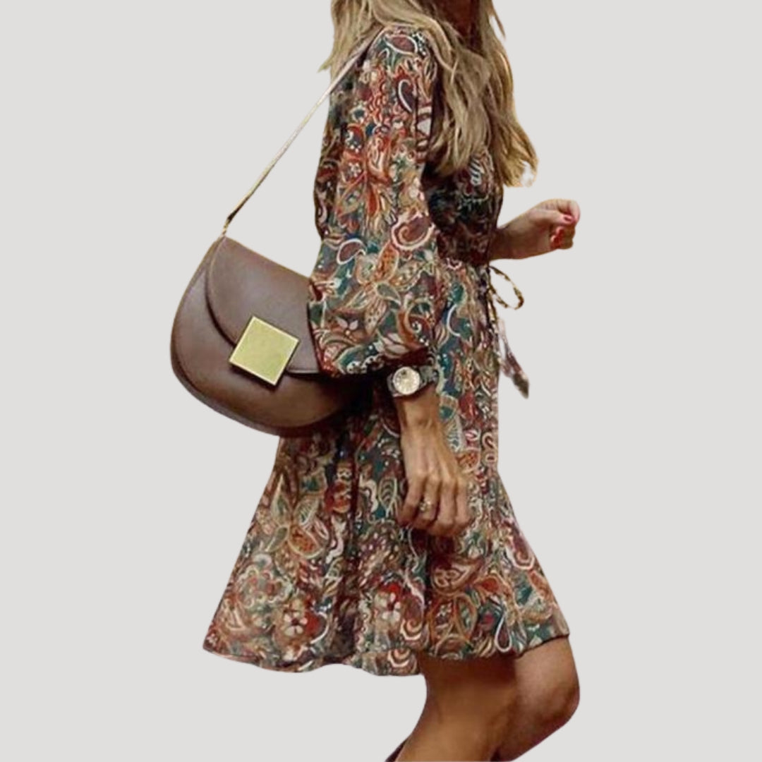 Women’s long sleeve v neck paisley mini dress