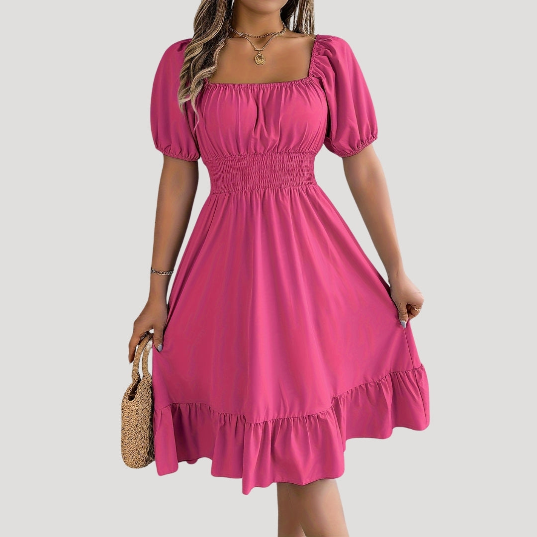 Smocked waist puff sleeve midi dress