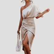 Women’s one shoulder satin wrap midi wedding guest dress