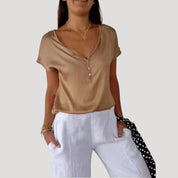 Women’s short sleeve v neck button blouse