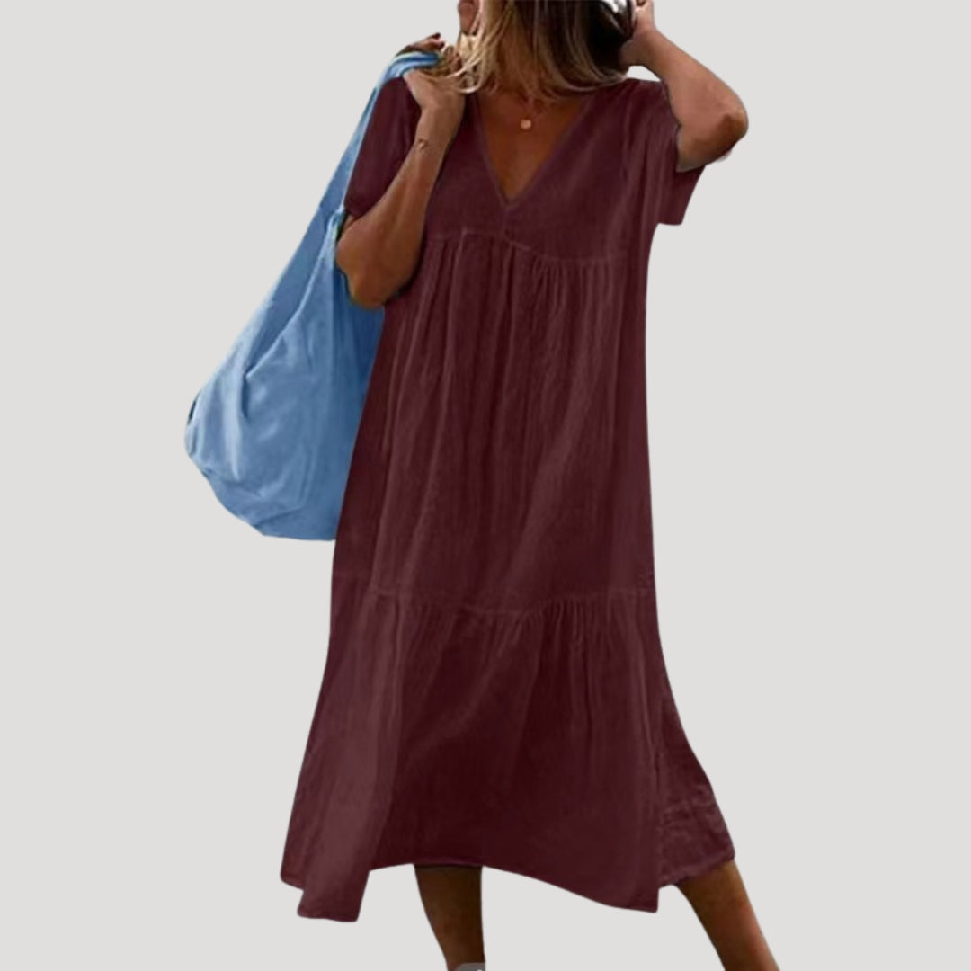 Women’s linen cotton v neck tiered midi dress