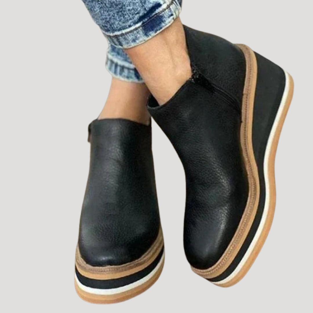 Women leather wedge platform zip ankle boots