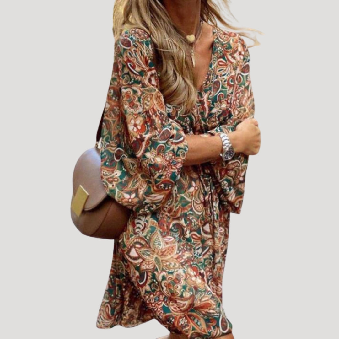 Women’s long sleeve v neck paisley mini dress