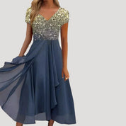 Women’s floral chiffon short sleeve v neck maxi dress