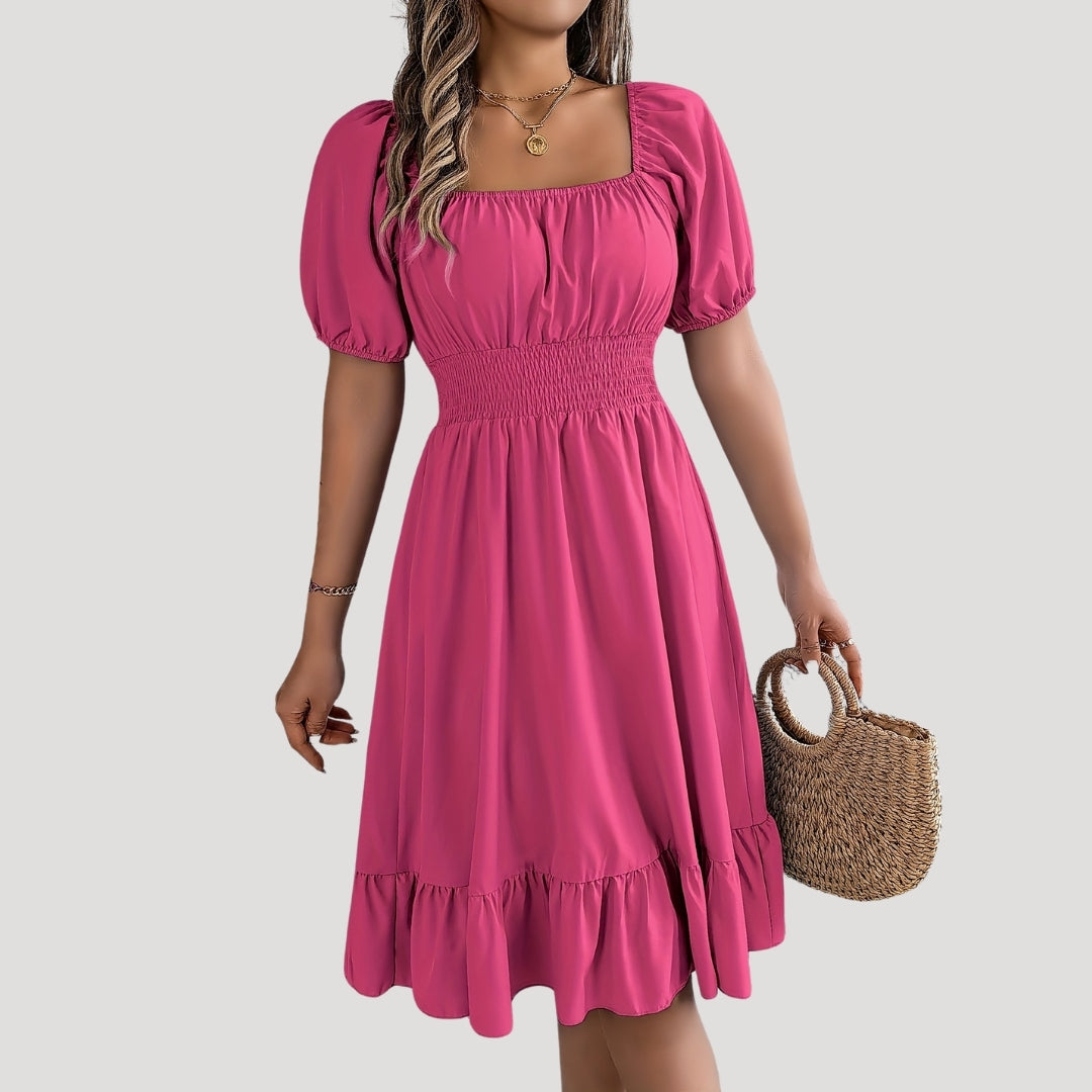 Smocked waist puff sleeve midi dress