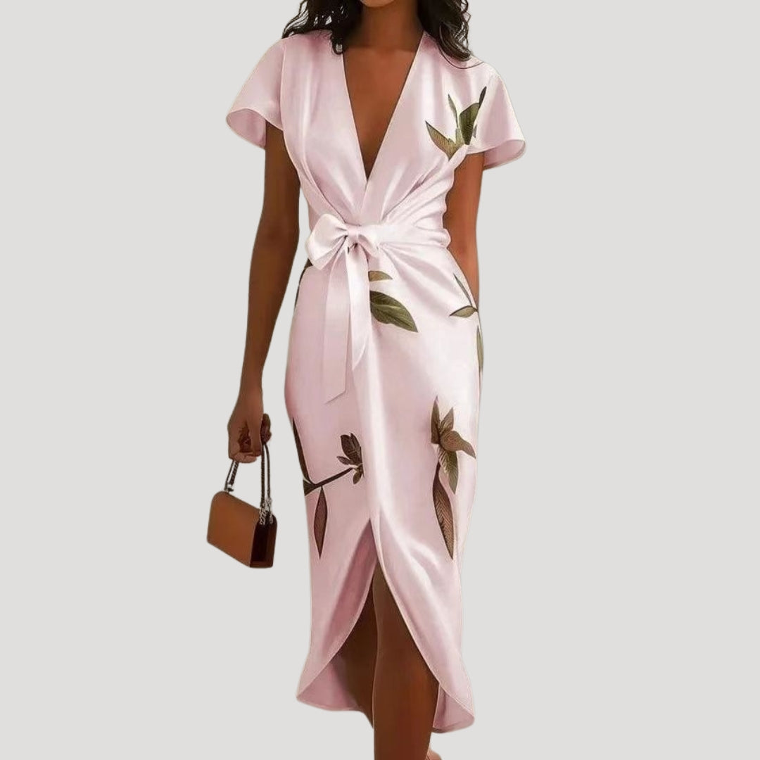 Women’s wrap floral midi dress with short sleeves