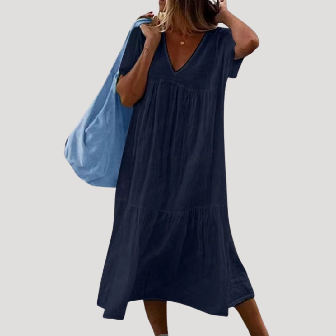 Women’s linen cotton v neck tiered midi dress
