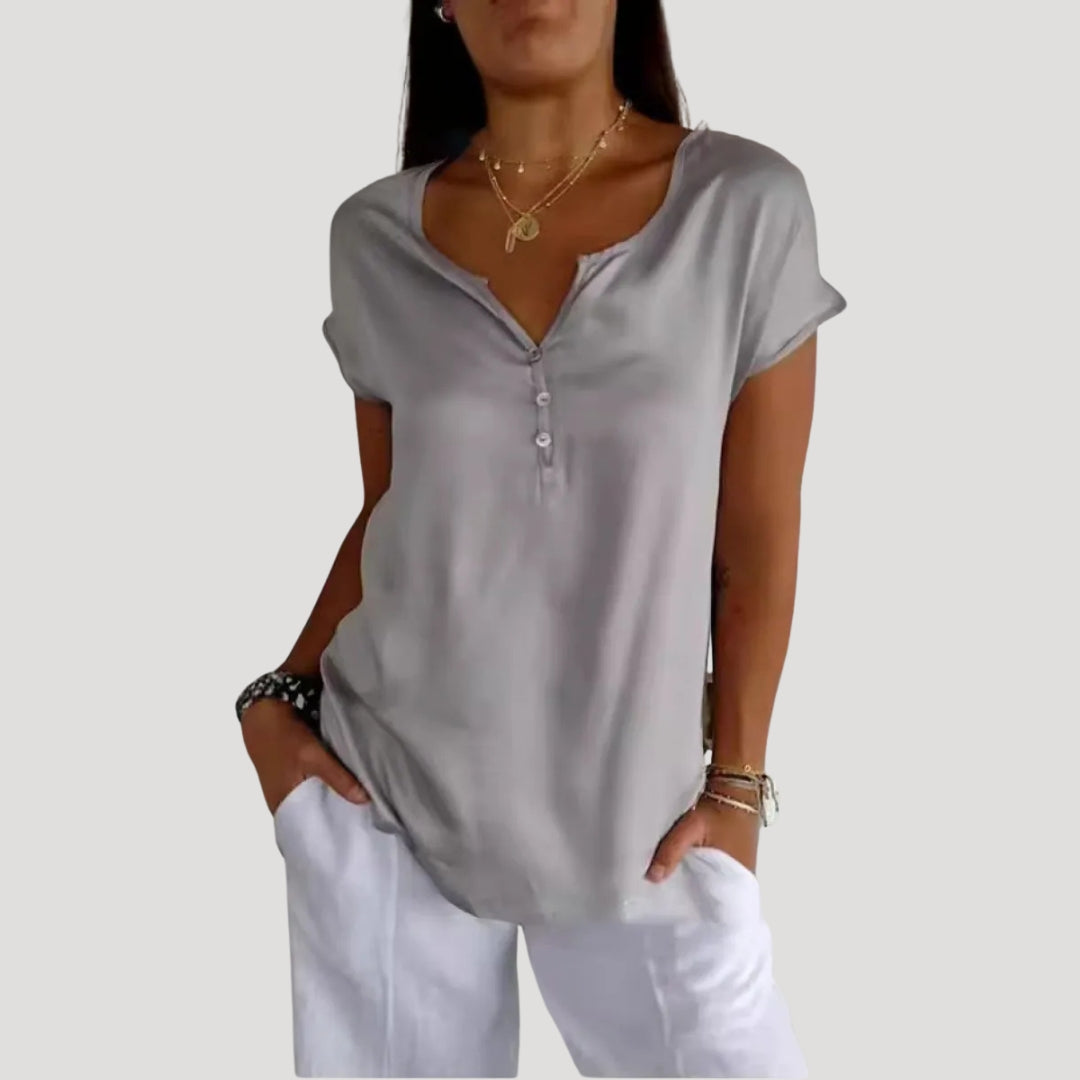 Women’s short sleeve v neck button blouse