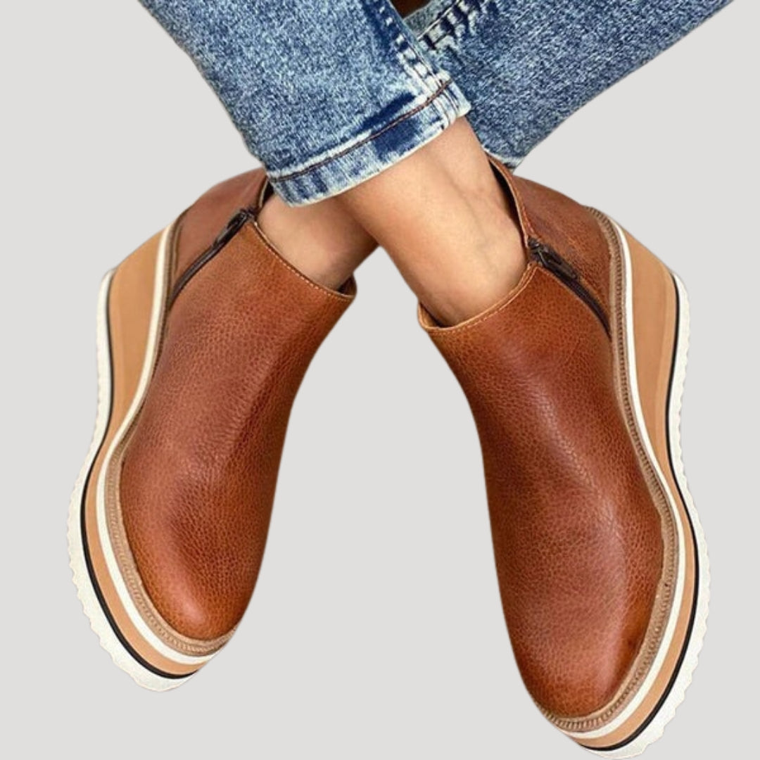 Women leather wedge platform zip ankle boots