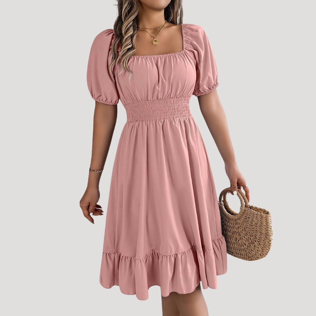 Smocked waist puff sleeve midi dress