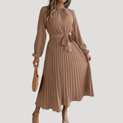 Women’s pleated long sleeve high neck midi dress