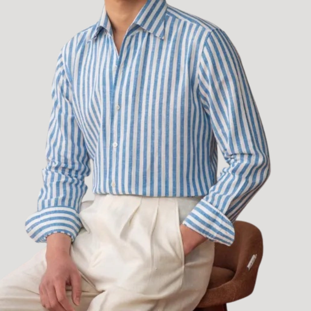 Men’s linen striped long sleeve button down shirt