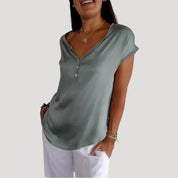 Women’s short sleeve v neck button blouse