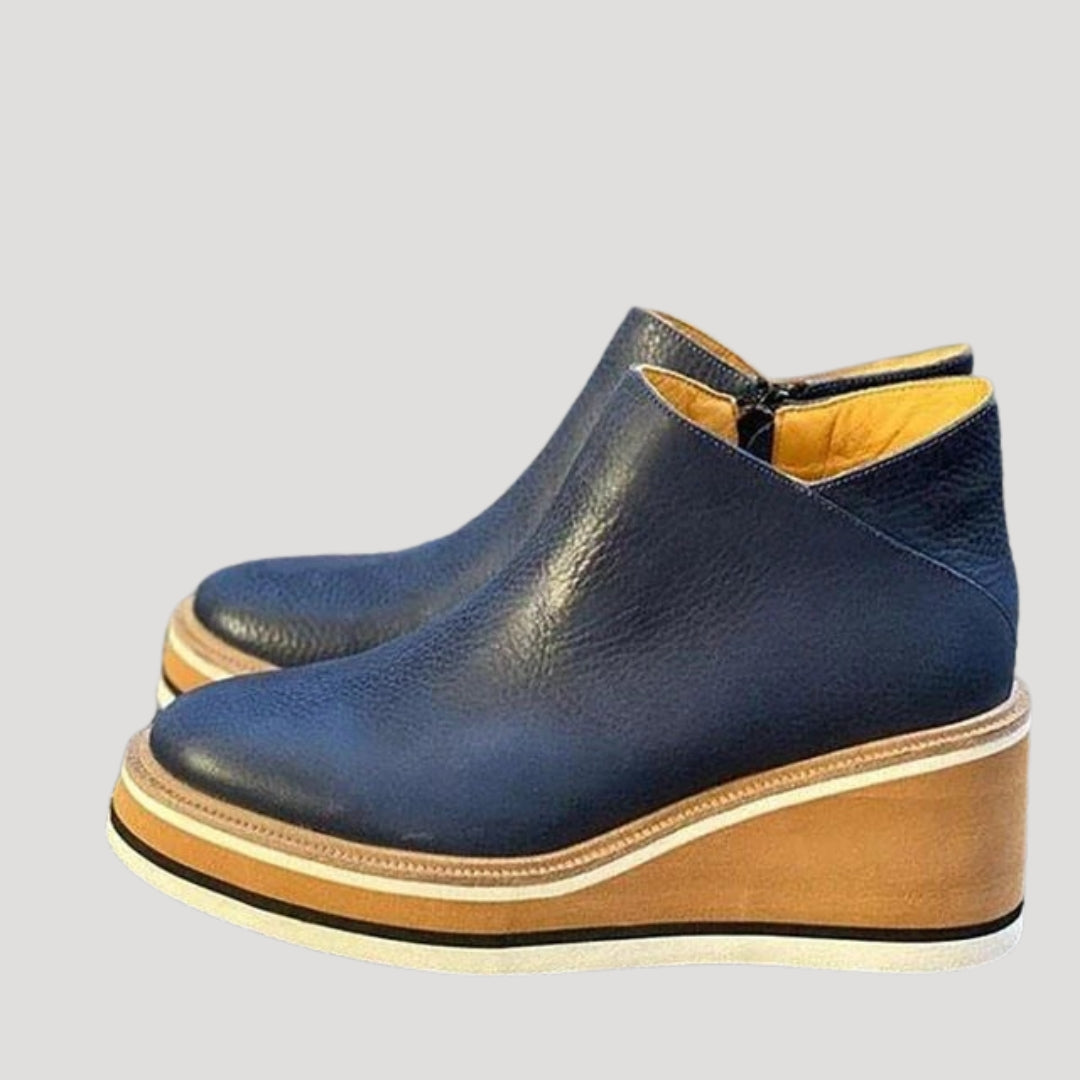 Women leather wedge platform zip ankle boots