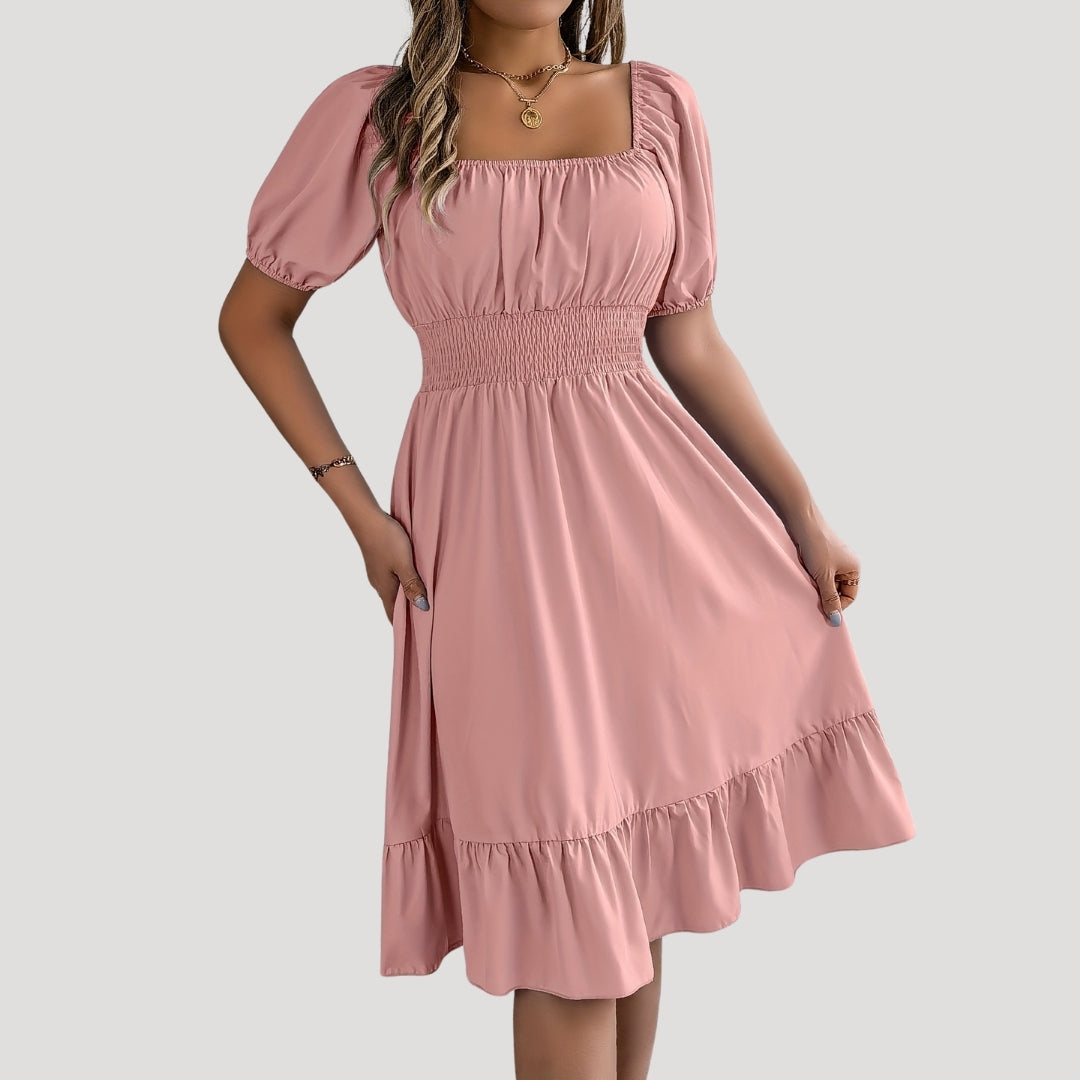 Smocked waist puff sleeve midi dress