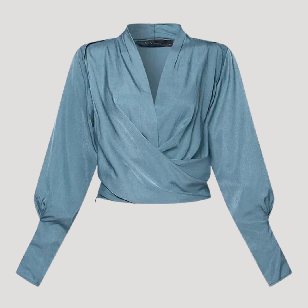 Women’s satin wrap long sleeve work blouse