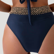 Embellished halter bikini with gold trim