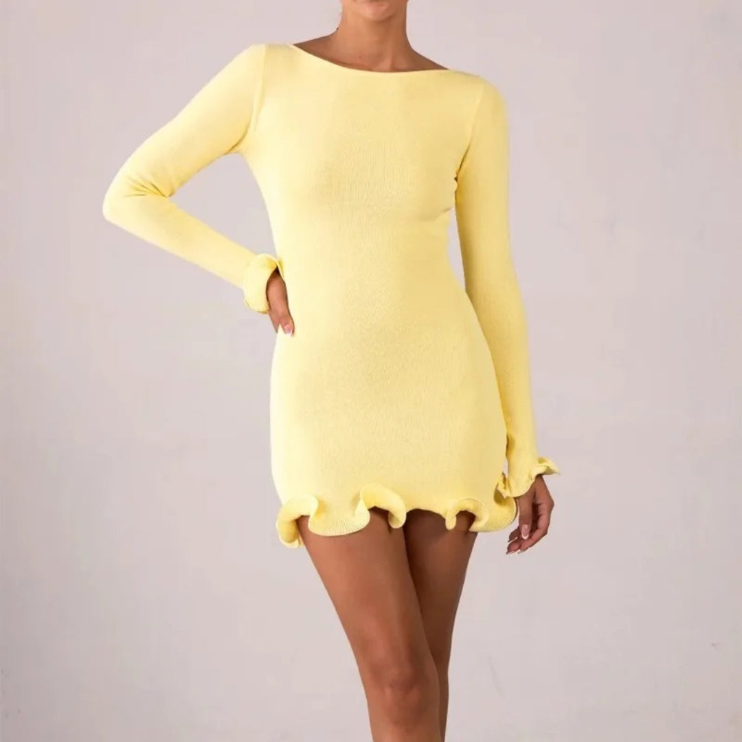 Ruffled trim long-sleeve mini dress