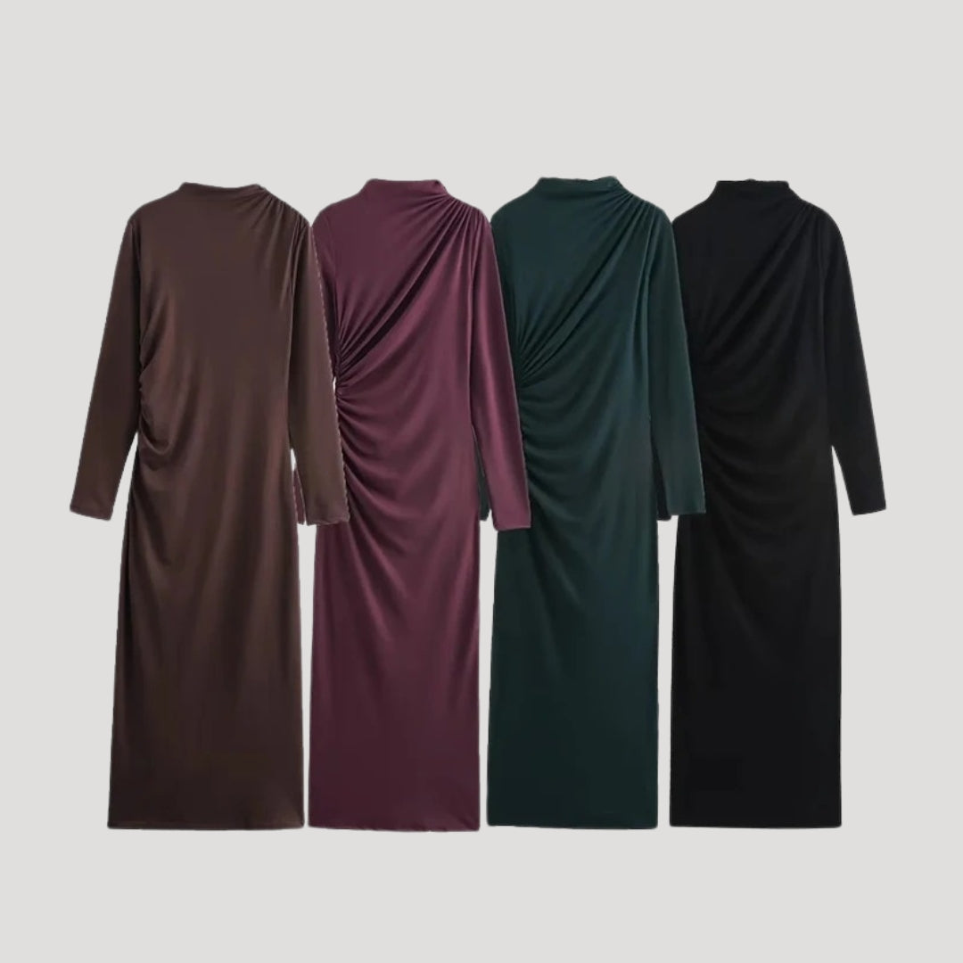 Women ruched long-sleeve midi dress