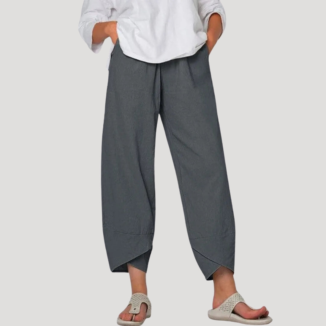 Women’s linen wide leg cropped elastic waist trousers