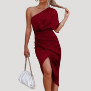 Women’s one shoulder satin wrap midi wedding guest dress
