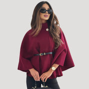 Women belted cape poncho coat