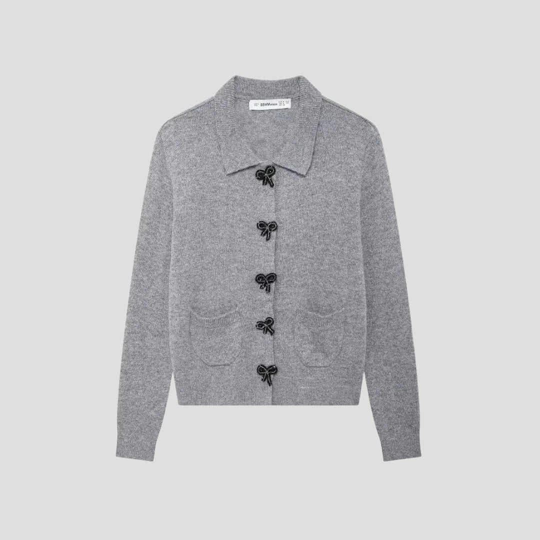 Women grey bow button cardigan