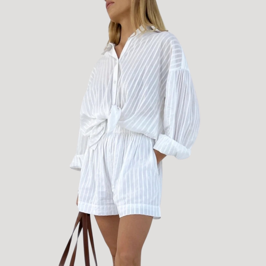 Women’s white striped summer co ord set shirt and shorts