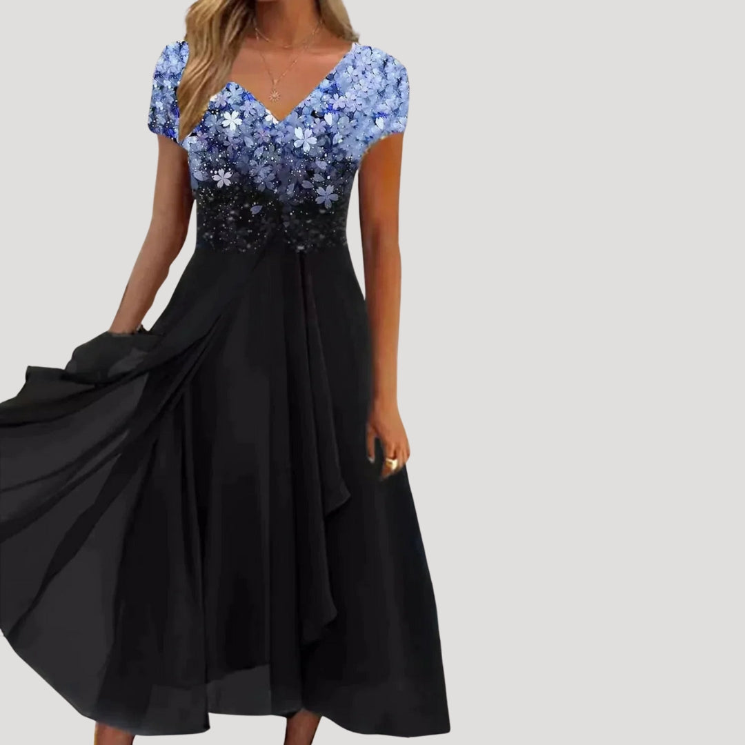 Women’s floral chiffon short sleeve v neck maxi dress