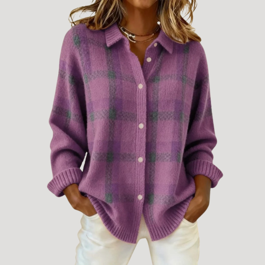 Women’s checked knit button cardigan shirt jacket