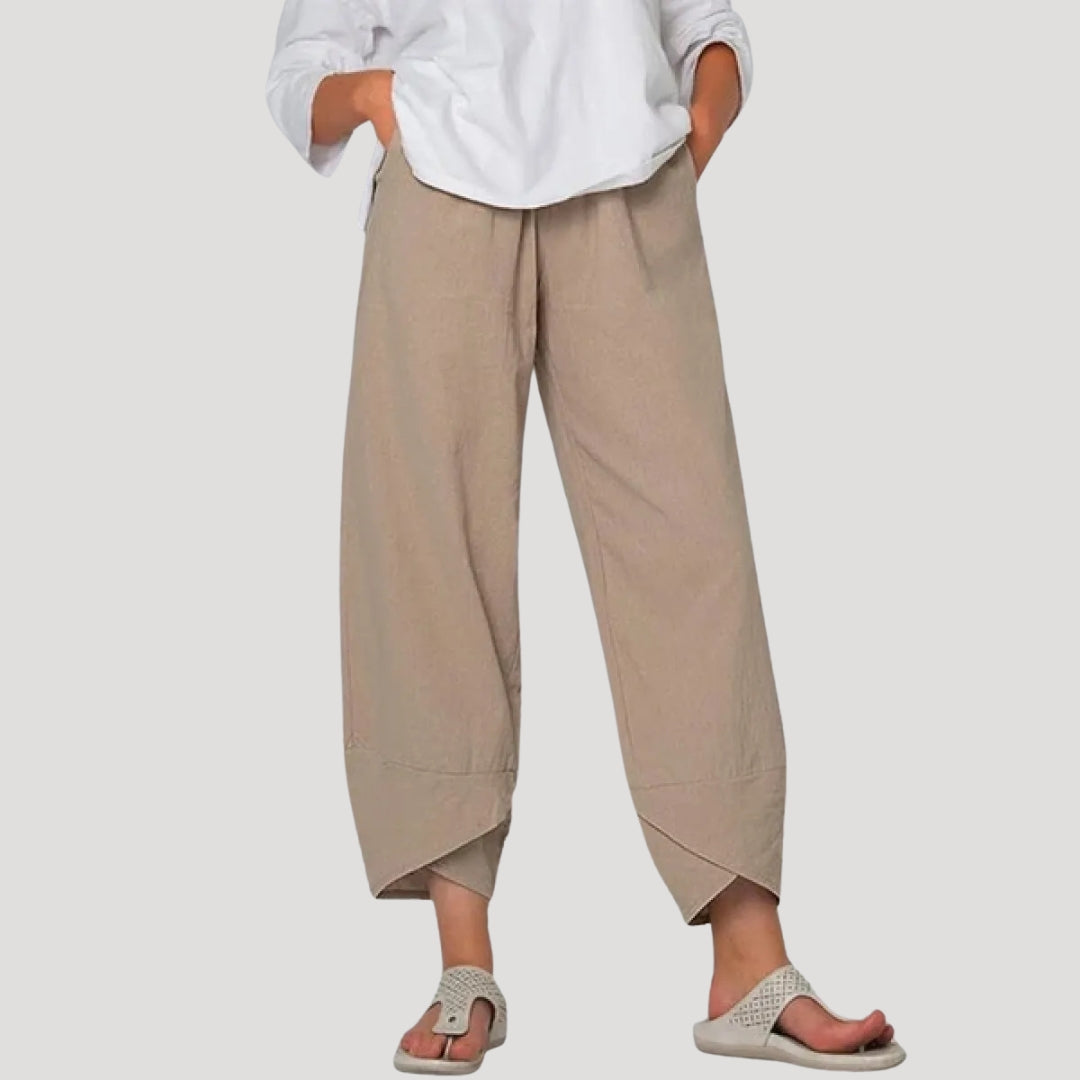 Women’s linen wide leg cropped elastic waist trousers