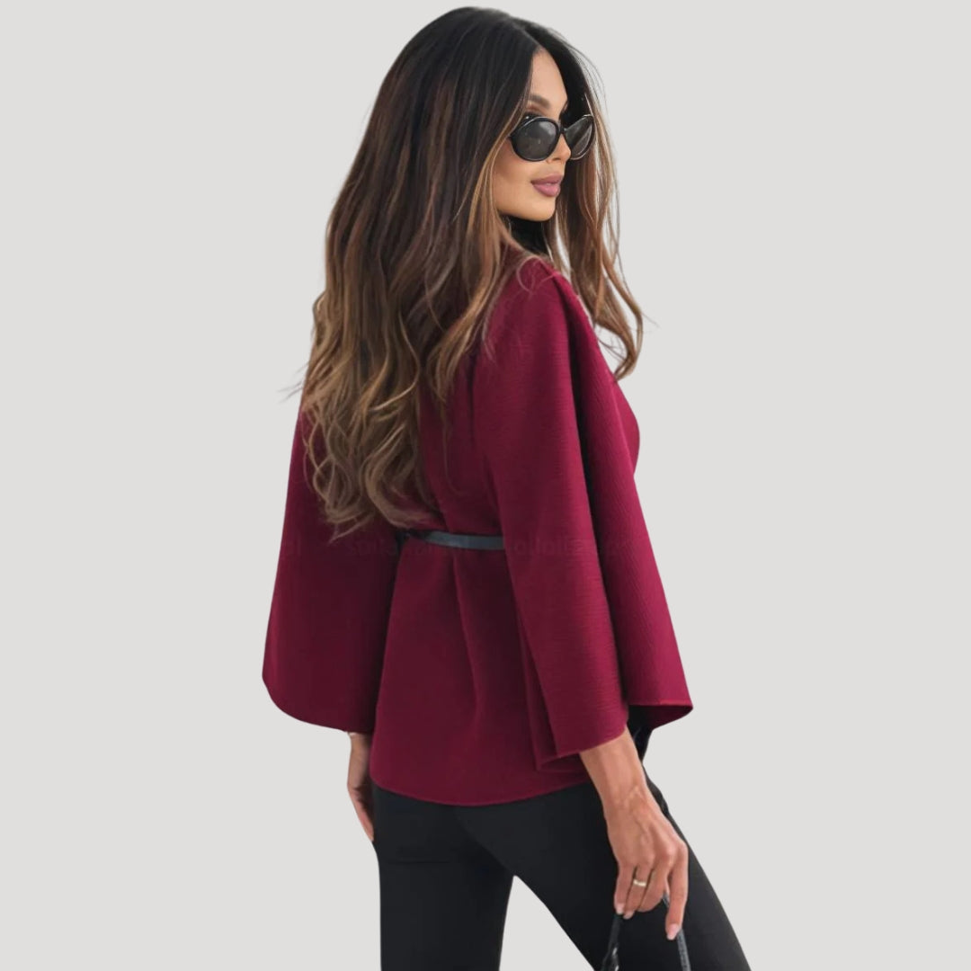 Women belted cape poncho coat